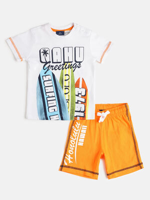 Boys Medium Orange Knitted T-shirt with Short Pants